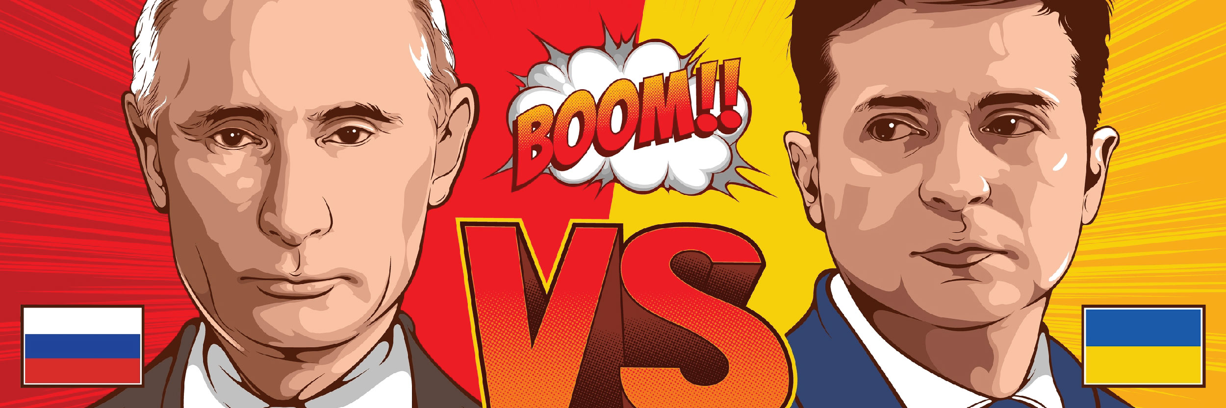 Illustrative redaktionelle Karikatur von Wladimir Putin, Präsident Russlands, und Wolodymyr Selenskyj