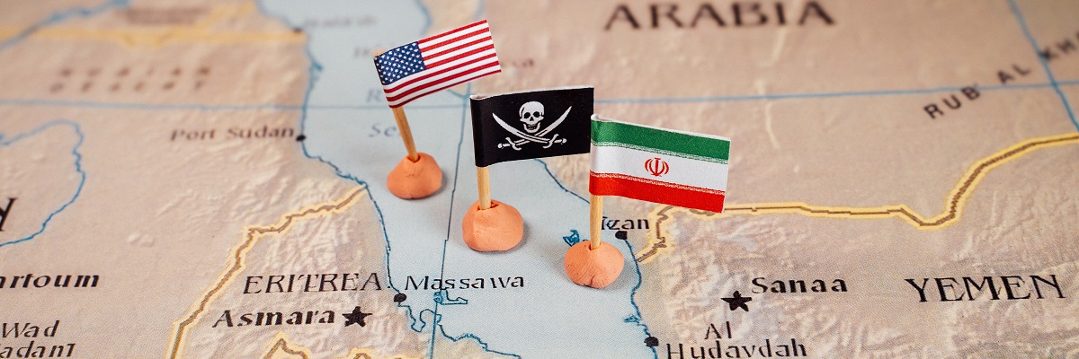 The Iranian, American and a pirate flag in the Red Sea