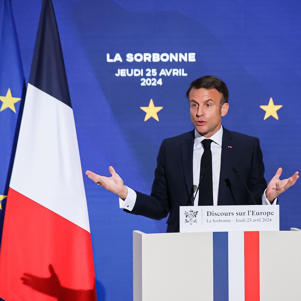 Paris, France, 25-04-2024 : Visit of the President of the Republic, Emmanuel Macron, for a major speech on Europe at the Sorbonne.					