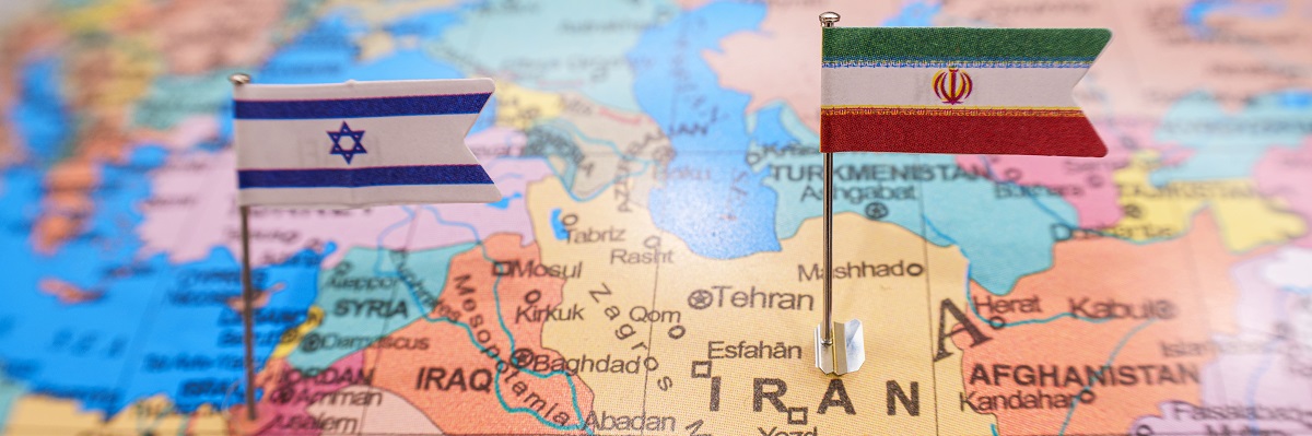 Map of Israel and Iran with Flags					