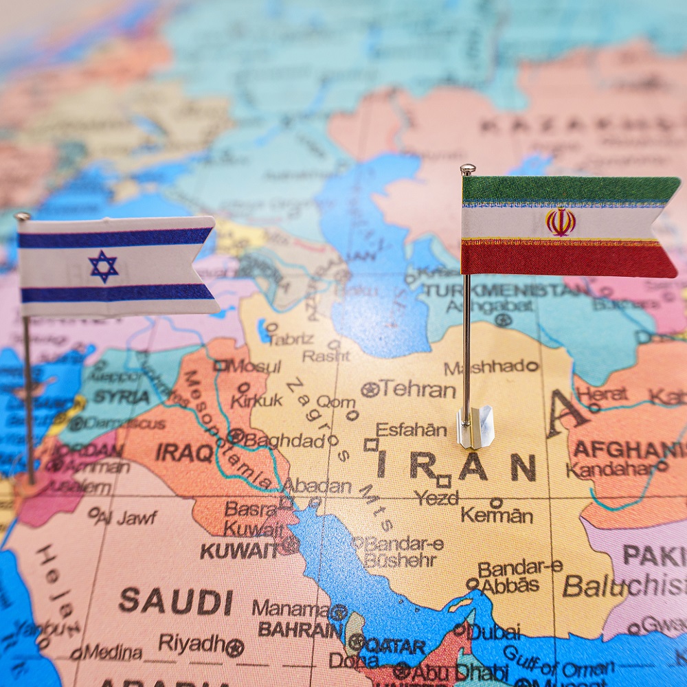 Map of Israel and Iran with Flags					