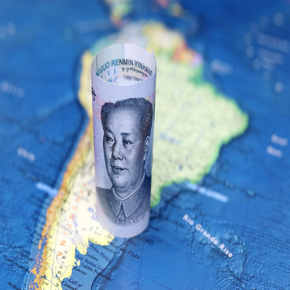 Chinese Yuan on the map of South America. Trade between China and Latin American countries, economy and investment					