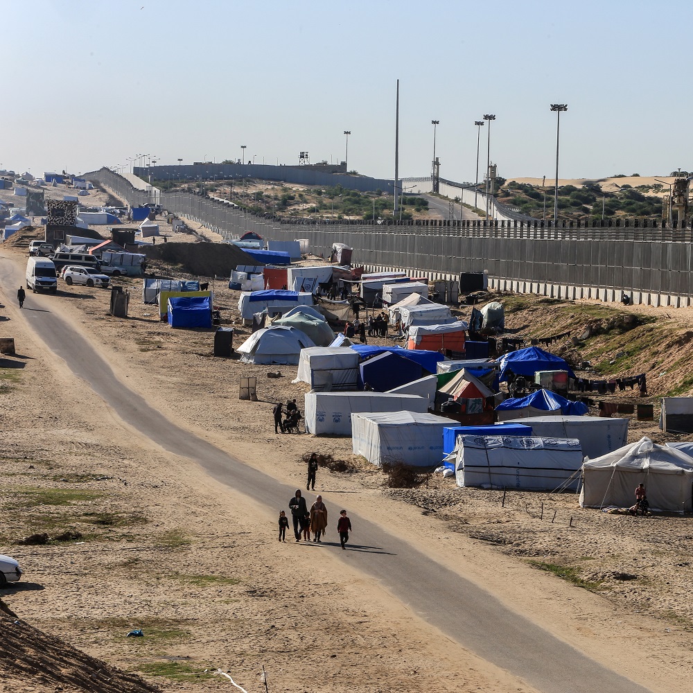 Displaced Palestinians set up their tents next to the Egyptian border. They fled to the city of Rafah on March 8, 2024 after the Israeli invasion of the Gaza Strip cities.