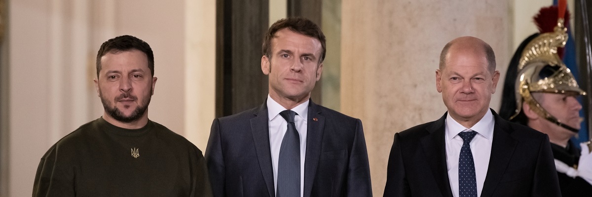 PARIS, FRANCE - February 8, 2023: French President Emmanuel Macron welcomes Ukrainian President Volodymyr Zelensky with Chancellor Olaf Scholz at the Elysée Palace