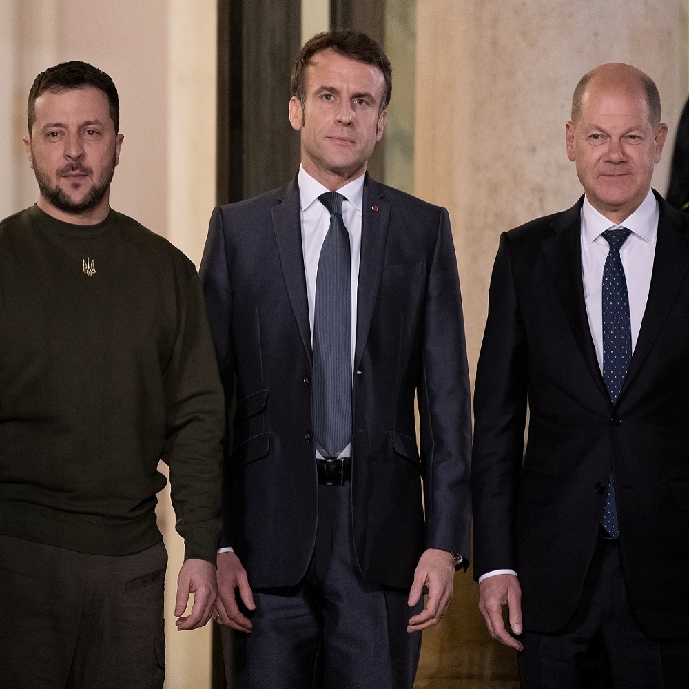 PARIS, FRANCE - February 8, 2023: French President Emmanuel Macron welcomes Ukrainian President Volodymyr Zelensky with Chancellor Olaf Scholz at the Elysée Palace