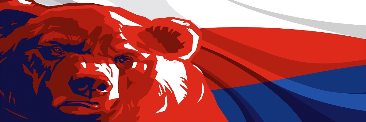 Oso enojado con el telón de fondo de la bandera rusa