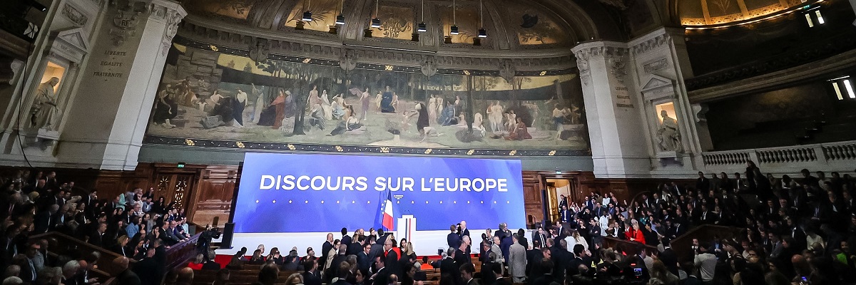 Paris, France, 25-04-2024 : Visit of the President of the Republic, Emmanuel Macron, for a major speech on Europe at the Sorbonne.