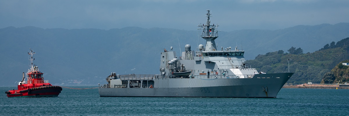 Wellington, New Zealand - November 29 2019: HMNZS Wellington, a protector-class off-shore patrol vessel in the Royal New Zealand Navy sailing into Wellington harbour.