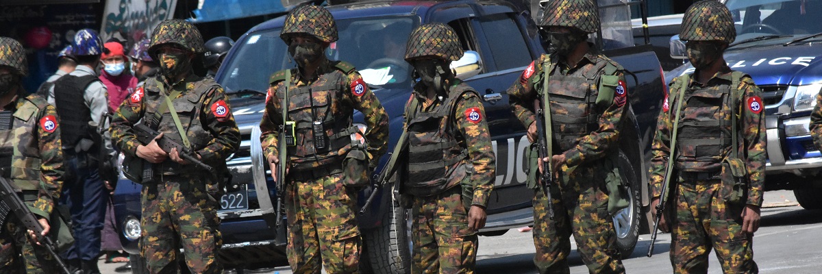 Taunggyi, Myanmar - 10 March 2021: Military officers on duty before the crackdown on protests