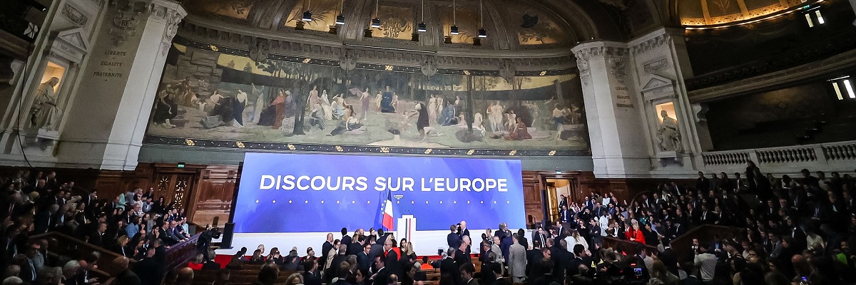 Paris, France, 25-04-2024 : Visite du Président de la République, Emmanuel Macron, pour un grand discours sur l'Europe à la Sorbonne.