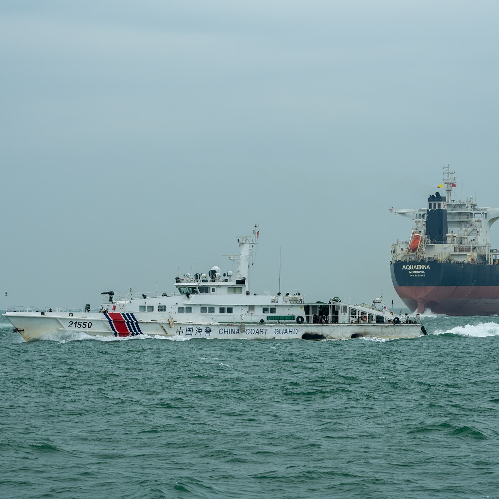 Shenzhen, Guangdong, China - Apr 27 2023: A China Coast Guard boat is cruising on the sea.