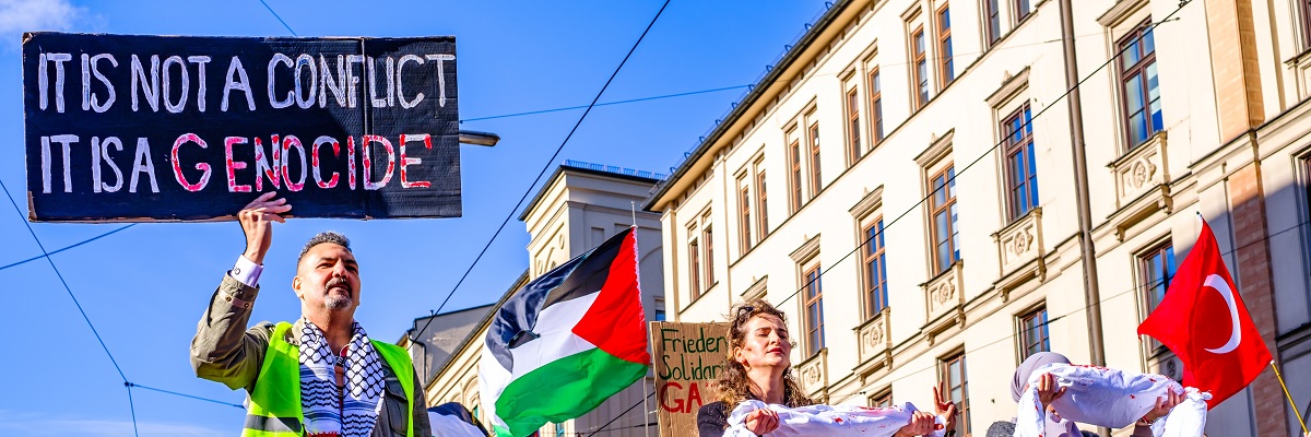 Munich, Germany - October 28: Participants in a peace demonstration - pro-Palestine in Munich on October 28, 2023