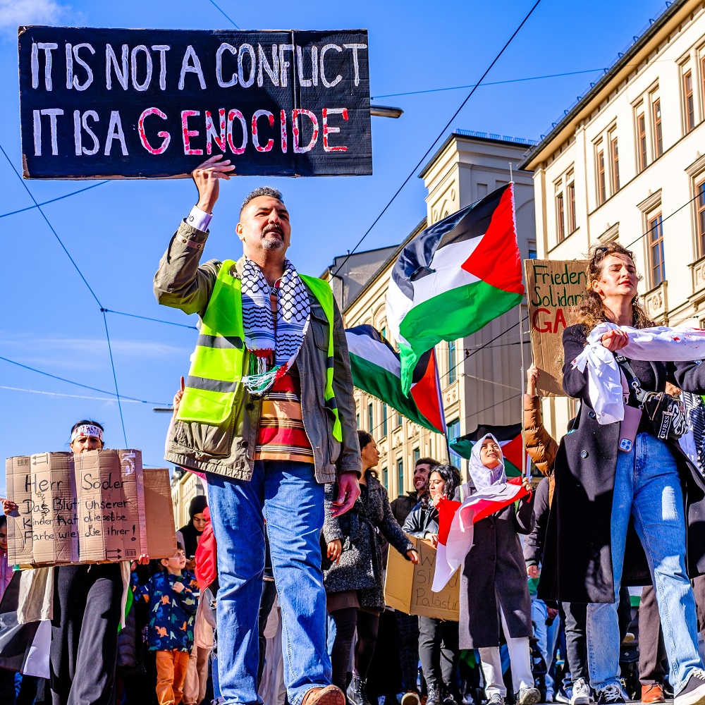 Munich, Germany - October 28: Participants in a peace demonstration - pro-Palestine in Munich on October 28, 2023