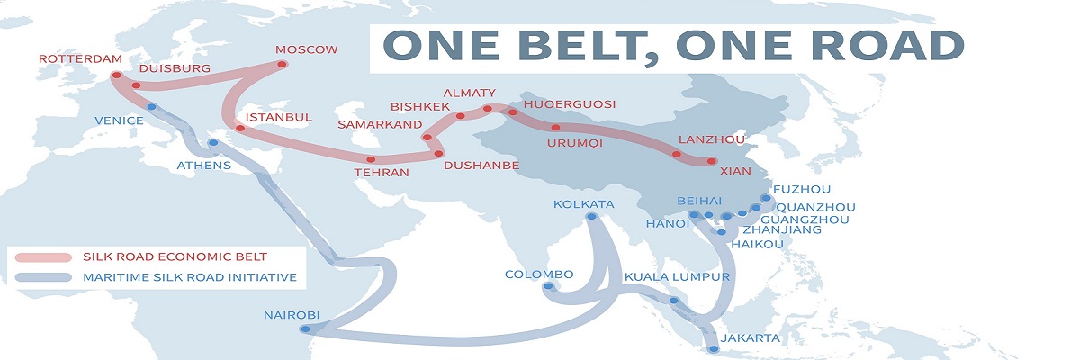 Vía de tránsito internacional de Asia y Europa. Transporte chino nueva ruta de la seda. Ilustración de vector de mapa de globo de ruta de exportación e importación.