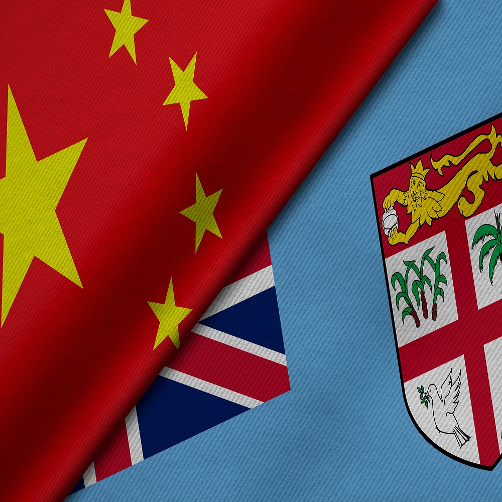 3D Rendering of two flags from China and Republic of Fiji together with fabric texture, bilateral relations, peace and conflict between countries, great for background