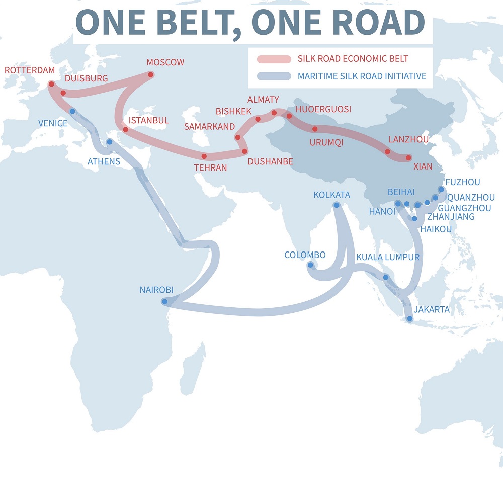 Asia and Europe international transit way. Chinese transport new silk road. Export and import path globe map vector illustration.