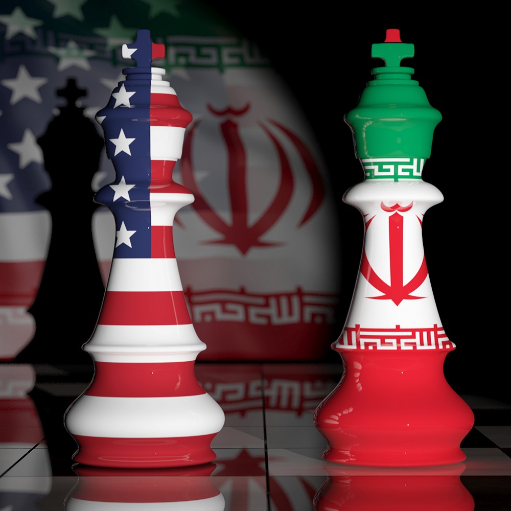 USA and Iran relationship. US America and Iran flags on chess kings on a chess board.