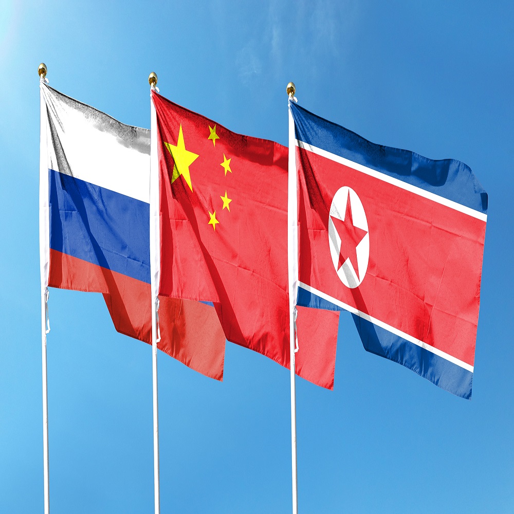 Russian Flag with Chinese Flag and North Korean Flag