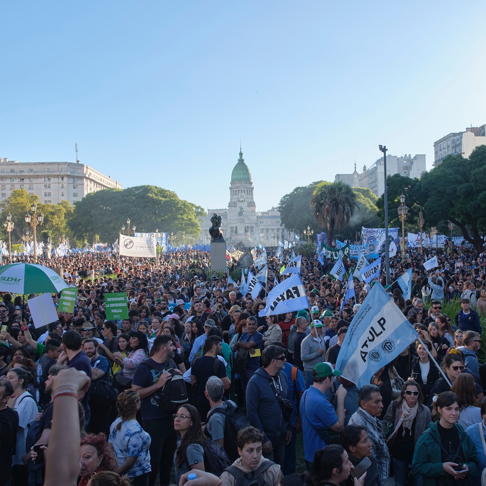 Buenos Aires, Argentina, 23 April 2024: Crowds demonstrate in the square of the National Congress for public, free and quality university education.