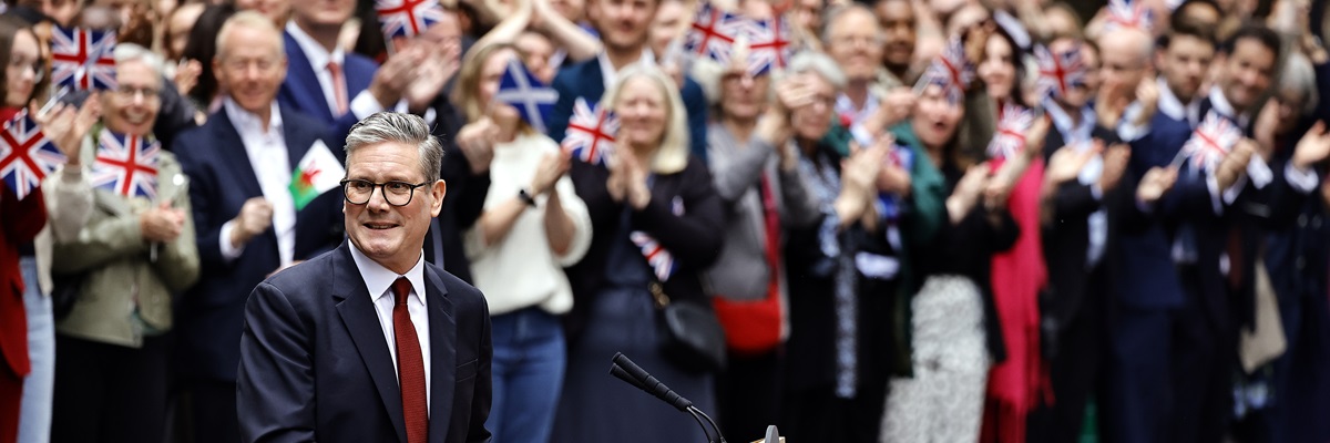 Downing Street, Westminster, London July 5, 2024, Sir Kier Starmer elected as the new Prime Minister arrives in Downing Street.