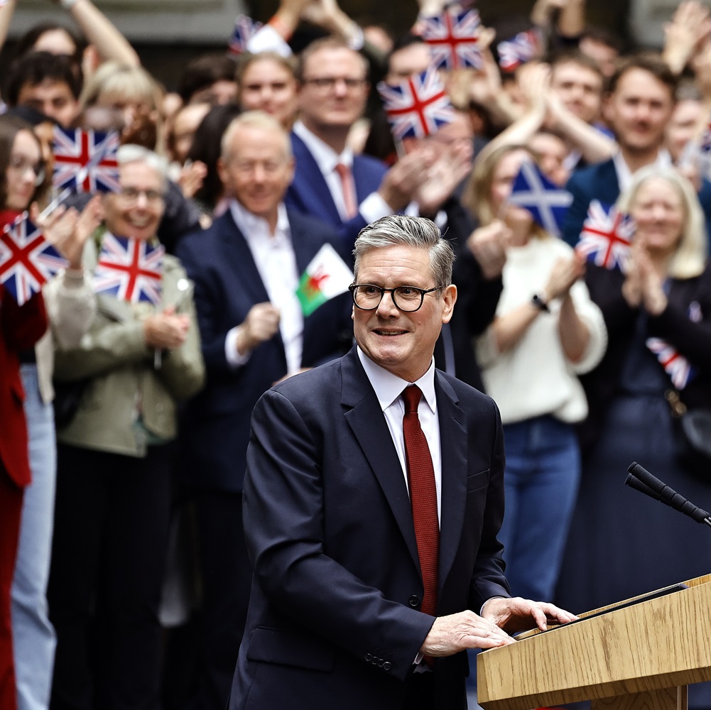 Downing Street, Westminster, London July 5, 2024, Sir Kier Starmer elected as the new Prime Minister arrives in Downing Street.