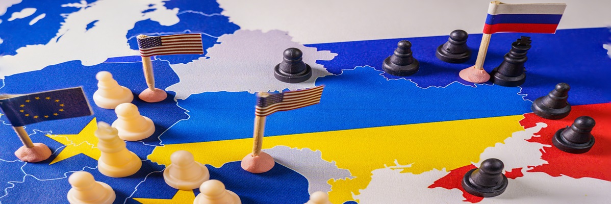 EU, USA and Russian flags with chess pieces symbolizing the conflict and control of Ukraine