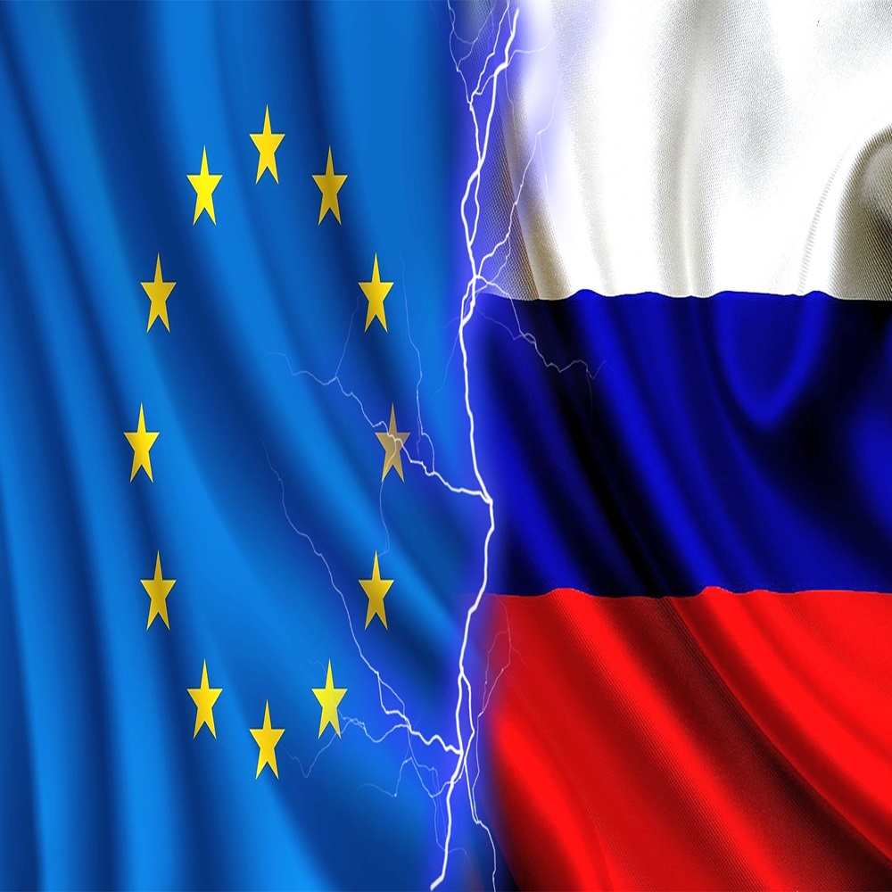 Russia versus the European Union, country confrontation concept, European Union flag versus Russian flag, conflict of interest concept