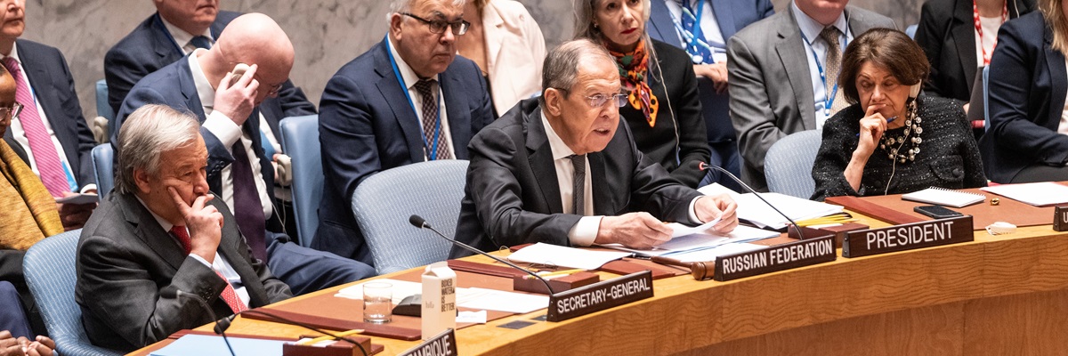 Russian Foreign Minister Sergey Lavrov speaks during the Security Council meeting on the maintenance of international peace and security at the United Nations headquarters in New York on April 24, 2023