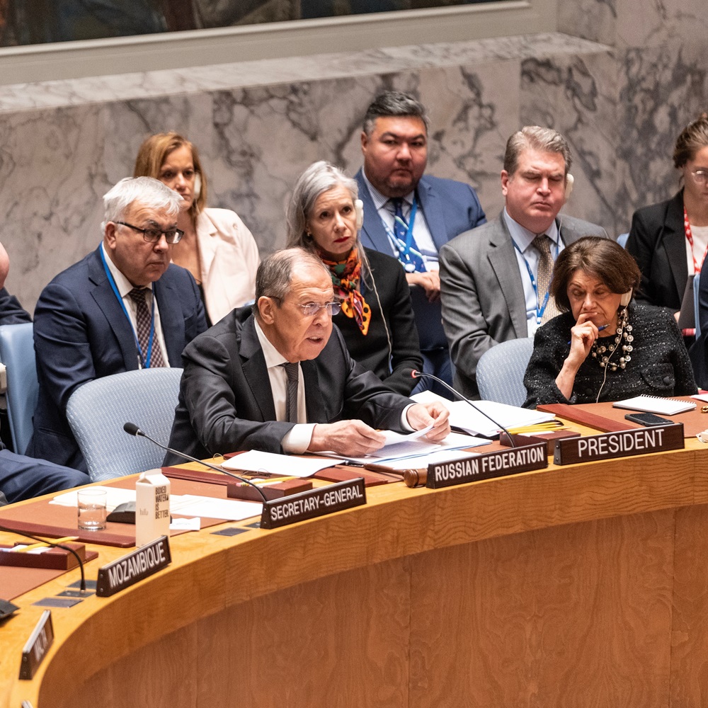 Russian Foreign Minister Sergey Lavrov speaks during the Security Council meeting on the maintenance of international peace and security at the United Nations headquarters in New York on April 24, 2023