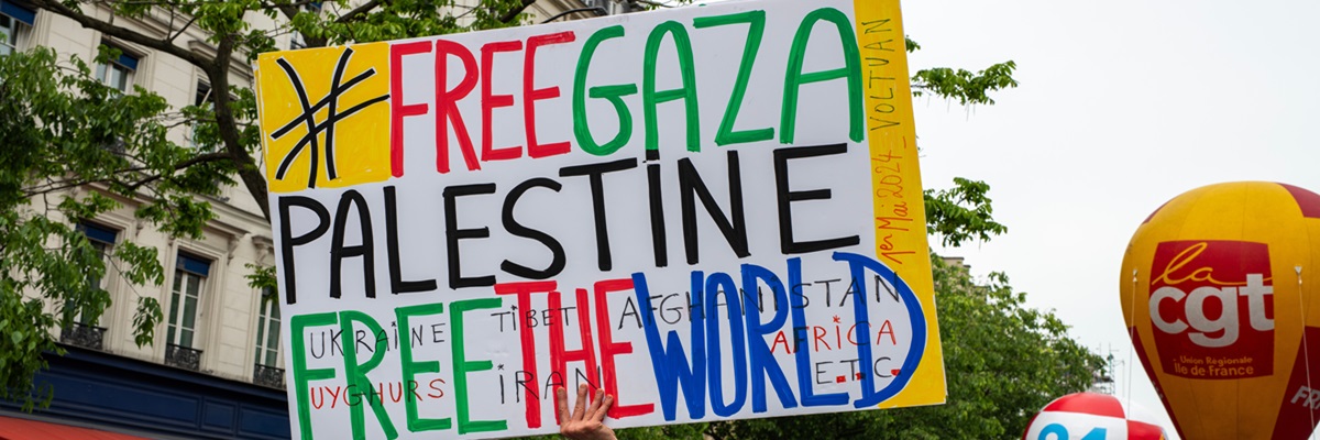 Paris, France, Europe, May 01, 2024, pro-Palestinian demonstrator at the Paris procession on May 1