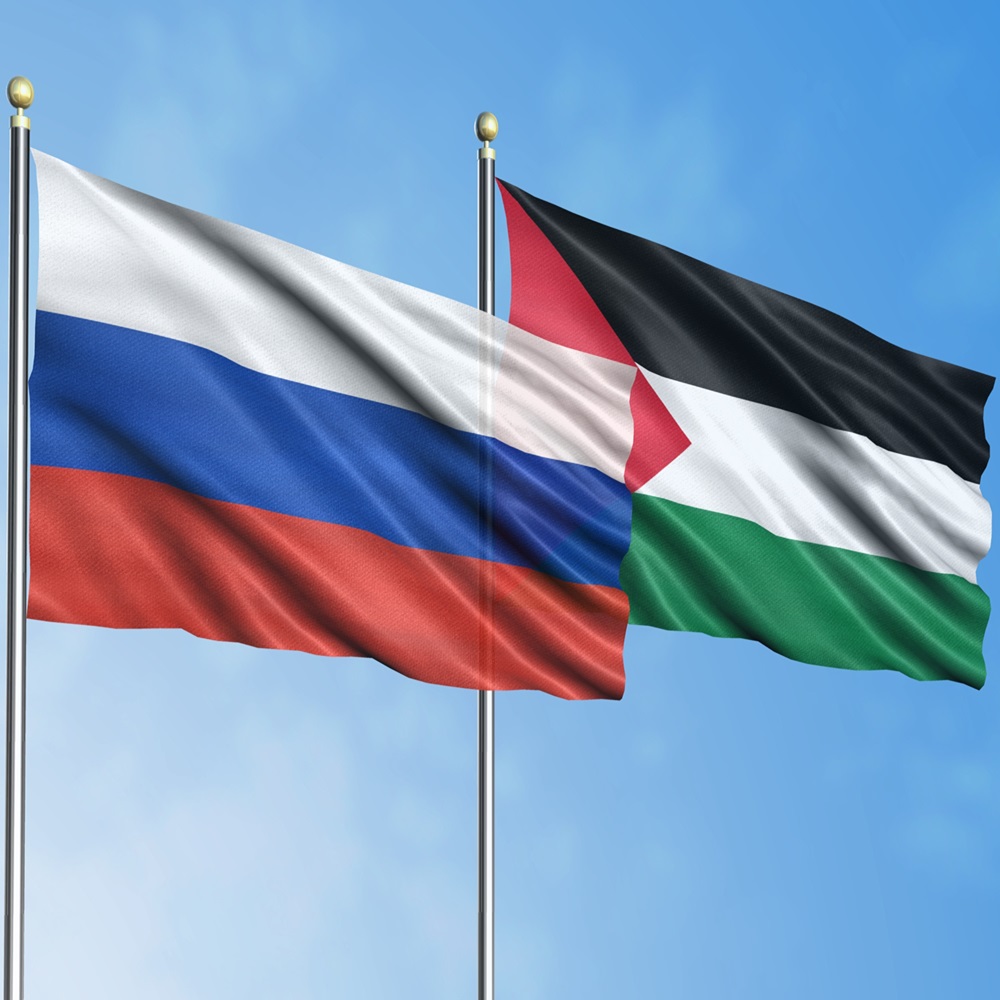 Russia flag with the Palestine flag 3D rendering with blue sky background