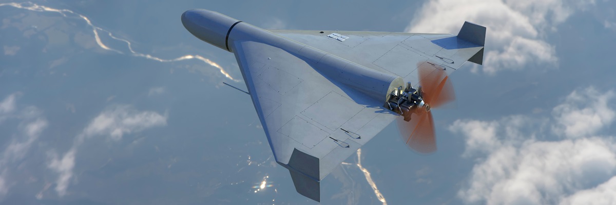 Vista superior del dron de combate Shahid del ejército ruso en el cielo contra las nubes, volando sobre la guerra terrestre en Ucrania, ataque con drones, renderizado 3d.