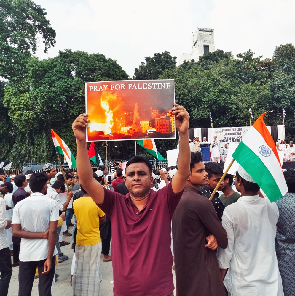 Calcutta,West Bengal,India,14 September ,2023:Anti Israel rally of Indian Muslim with poster , banner and war photograph to support Palestine, demanding to stop war,save child and women and civilian