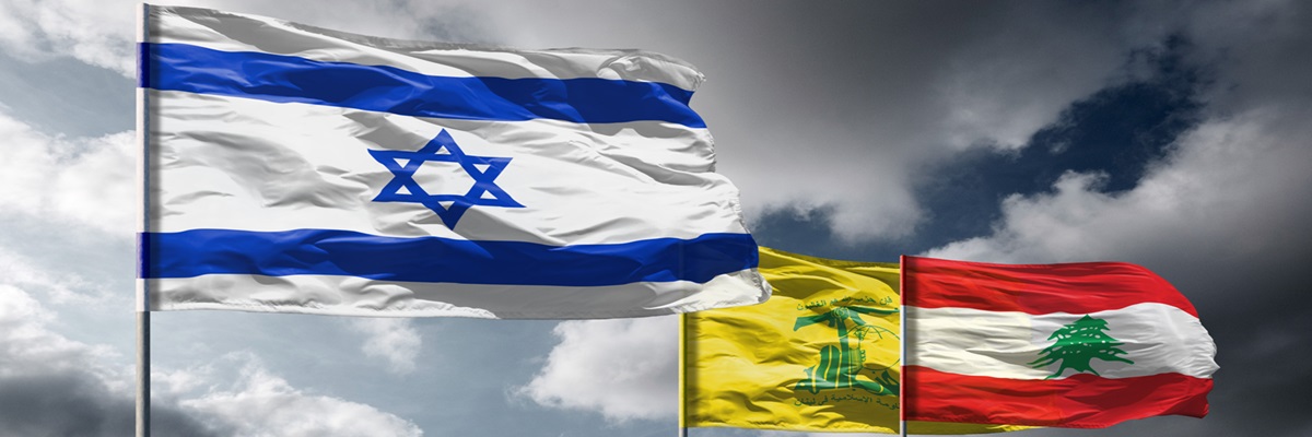 Flags of Israel above dark sky. Hezbollah and Lebanon flags in background