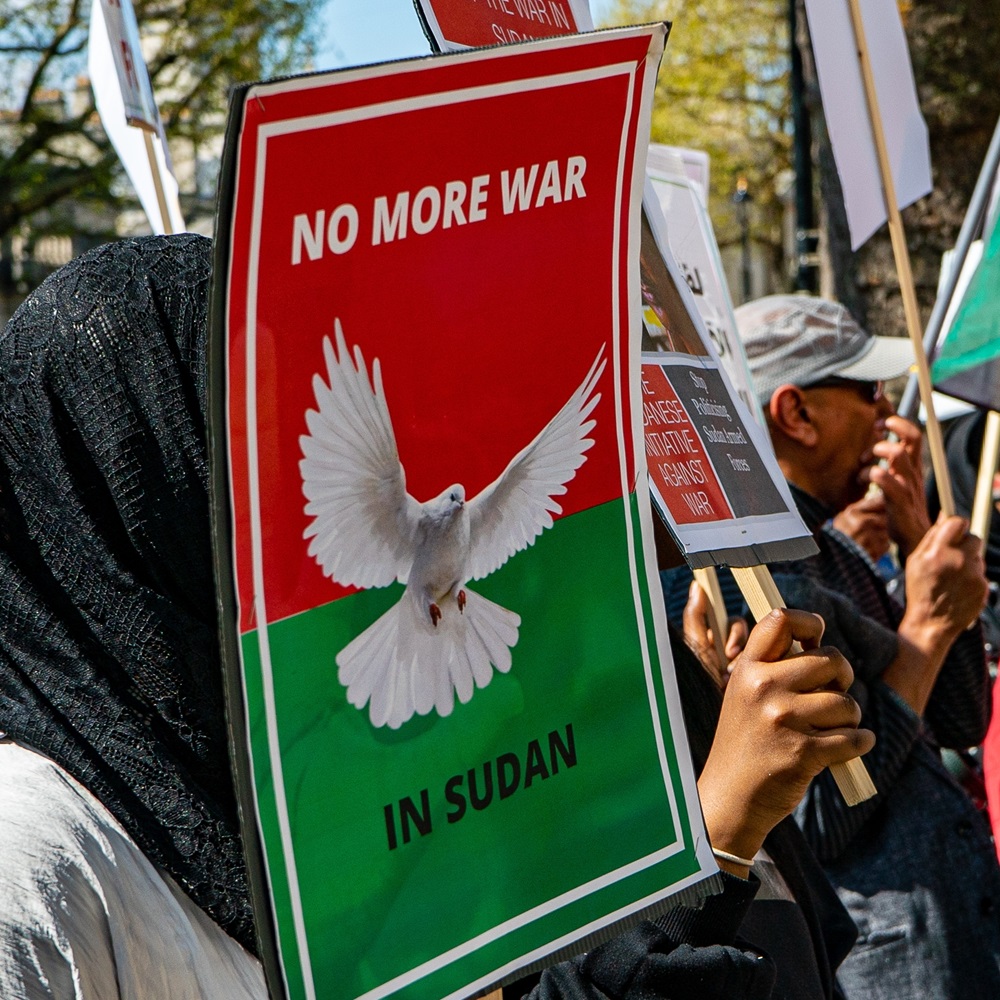 London, United Kingdom - April 29th 2023: Sudanese Protesters Outside Downing Street Protesting against the war in Sudan between the Military and the RSF.