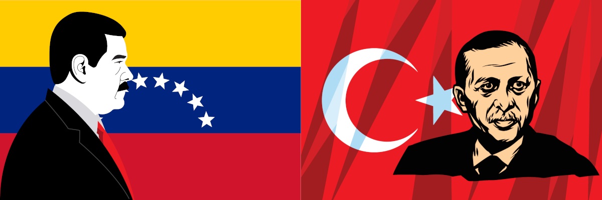 El presidente turco, Recep Tayyip Erdogan. Fondo de la bandera turca. + Retrato de Nicolás Maduro, 46º Presidente de Venezuela.