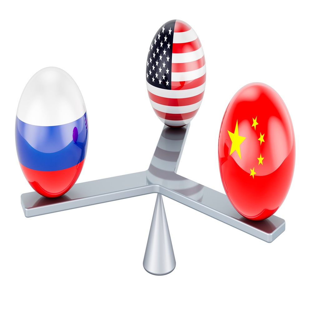 Russia, China and USA political confrontation concept.