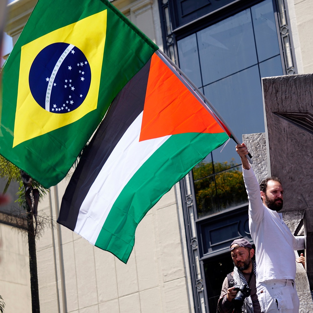 São Paulo SP Brazil October 22 2023 People take part in a demonstration against Israel's military offensive in the Gaza Strip in Sao Paulo, Brazil, on October 22, 2023.