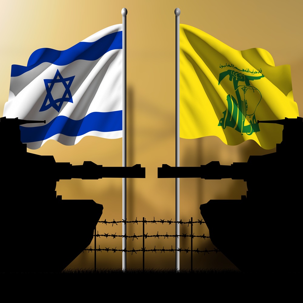 Israel against Hezbollah, two tank silhouettes facing each other with their respective flags on top