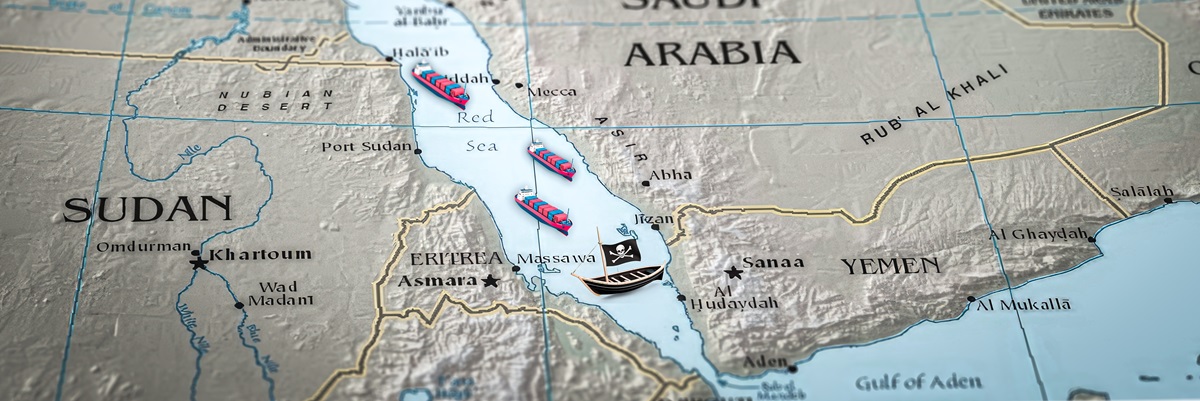 The Red Sea Region with cargo and pirate ships. Suitable for concepts as red sea conflict, rise of tension between the USA and Iran,Houthi Attacks and Military Escalation