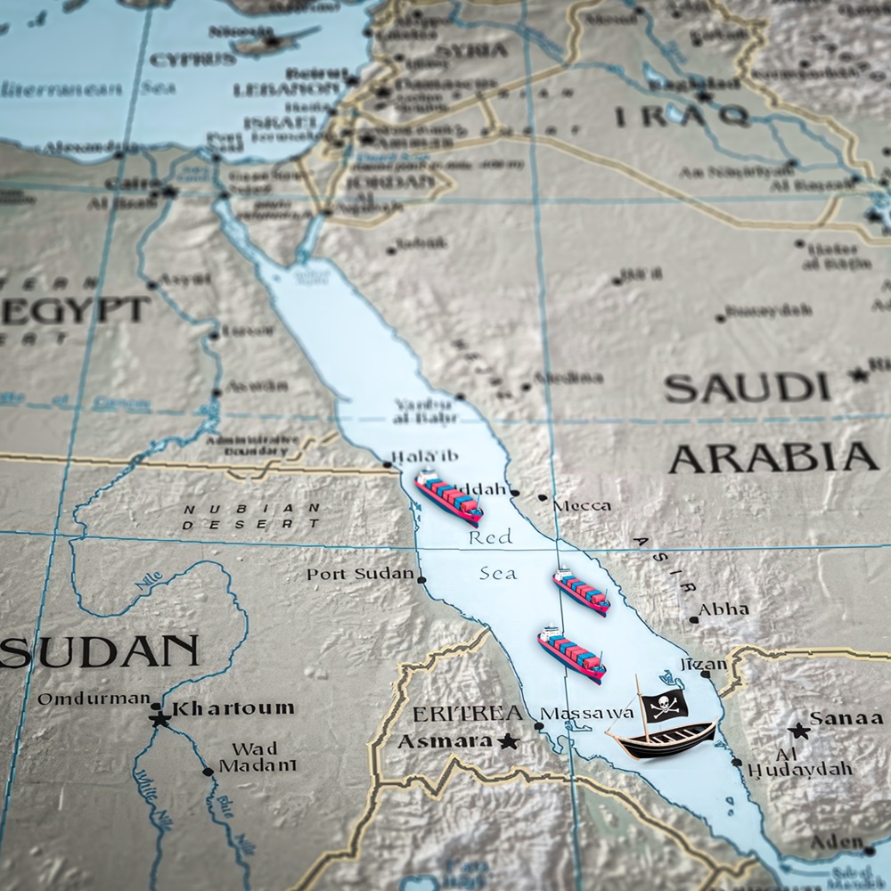 The Red Sea Region with cargo and pirate ships. Suitable for concepts as red sea conflict, rise of tension between the USA and Iran,Houthi Attacks and Military Escalation