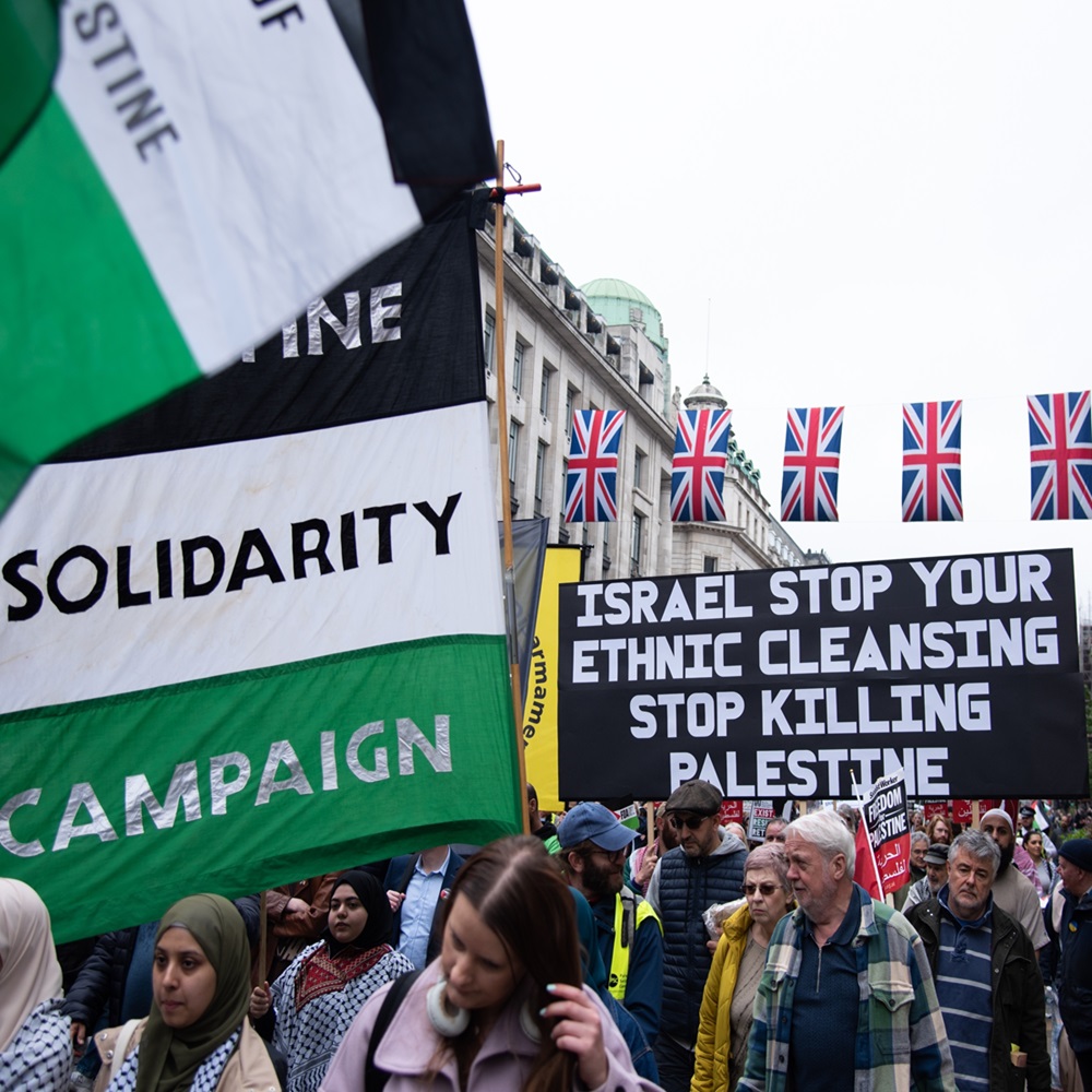 London, England, UK - May 13, 2023: Protestors participate in the National Demonstration for Palestine: NAKBA 75. Credit: Loredana Sangiuliano