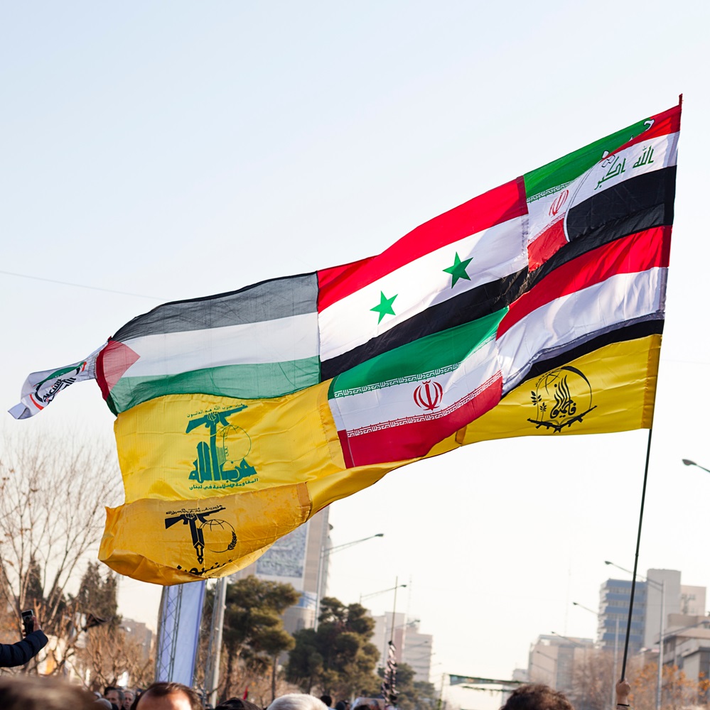 The flags of the allied resistance groups with Iran, the flags of Hamas, Hezbollah, Yemen, Iraq, Fatimids, the popular uprising and the Islamic Republic of Iran together. Iran Tehran, Jan 7, 2020.