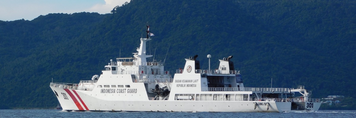 Natuna, Indonesia - June 15, 2024. Indonesian Coast Guard ships regularly patrol Natuna waters, as a form of the government's responsibility to protect Indonesian waters.