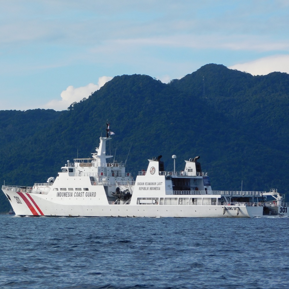 Natuna, Indonesia - June 15, 2024. Indonesian Coast Guard ships regularly patrol Natuna waters, as a form of the government's responsibility to protect Indonesian waters.