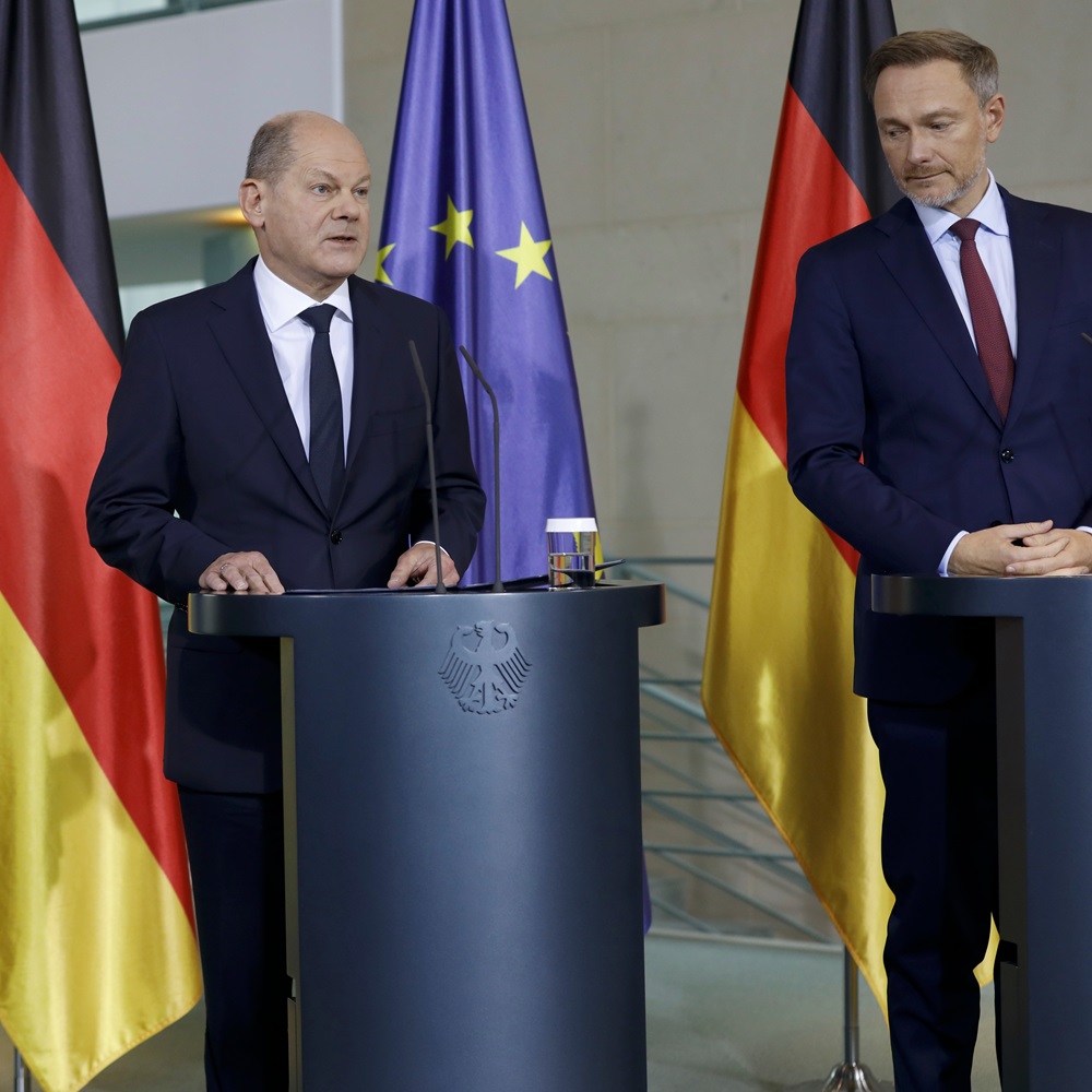 Berlin, Germany, November 15, 2023. Federal Chancellor Olaf Scholz, Federal Minister of Economics Dr. Robert Habeck and Finance Minister Christian Lindner during a press conference in the Chancellery.