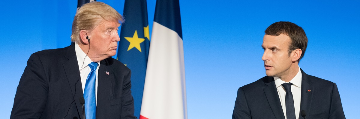 PARIS, FRANCE - JULY 13, 2017 : The President of United States of America Donald Trump with the french President Emmanuel Macron in press conference at the Elysee Palace after an extended interview.