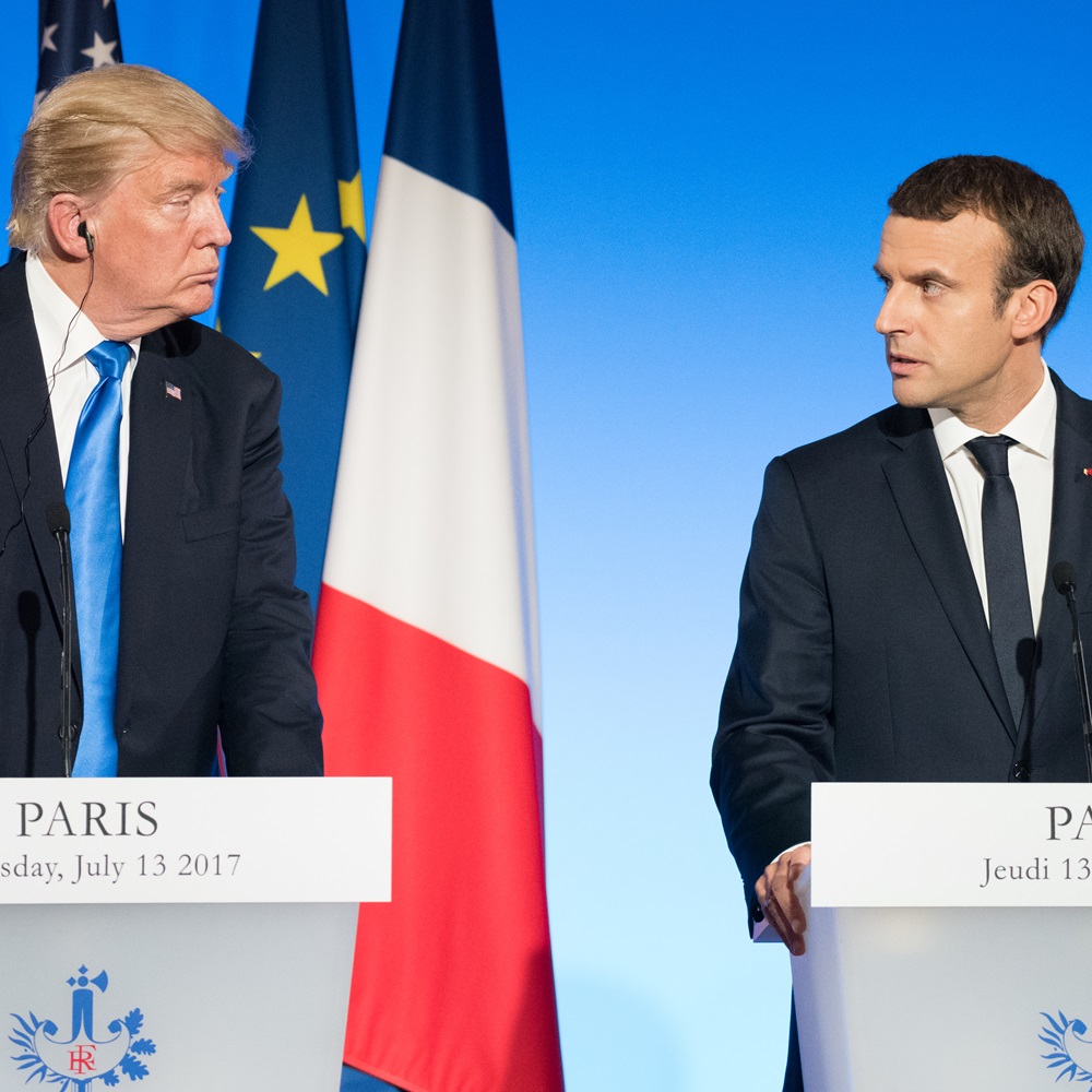 PARIS, FRANCE - JULY 13, 2017 : The President of United States of America Donald Trump with the french President Emmanuel Macron in press conference at the Elysee Palace after an extended interview.