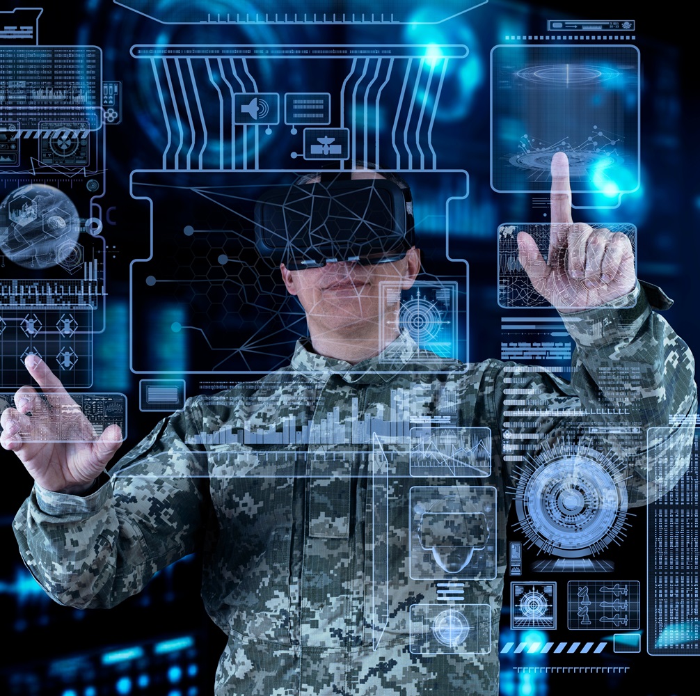 Military Think Tank, AI technology in the army. Warfare analytic operator checking coordination of the military team. Military commander with a digital device with vr glasses operating troops.