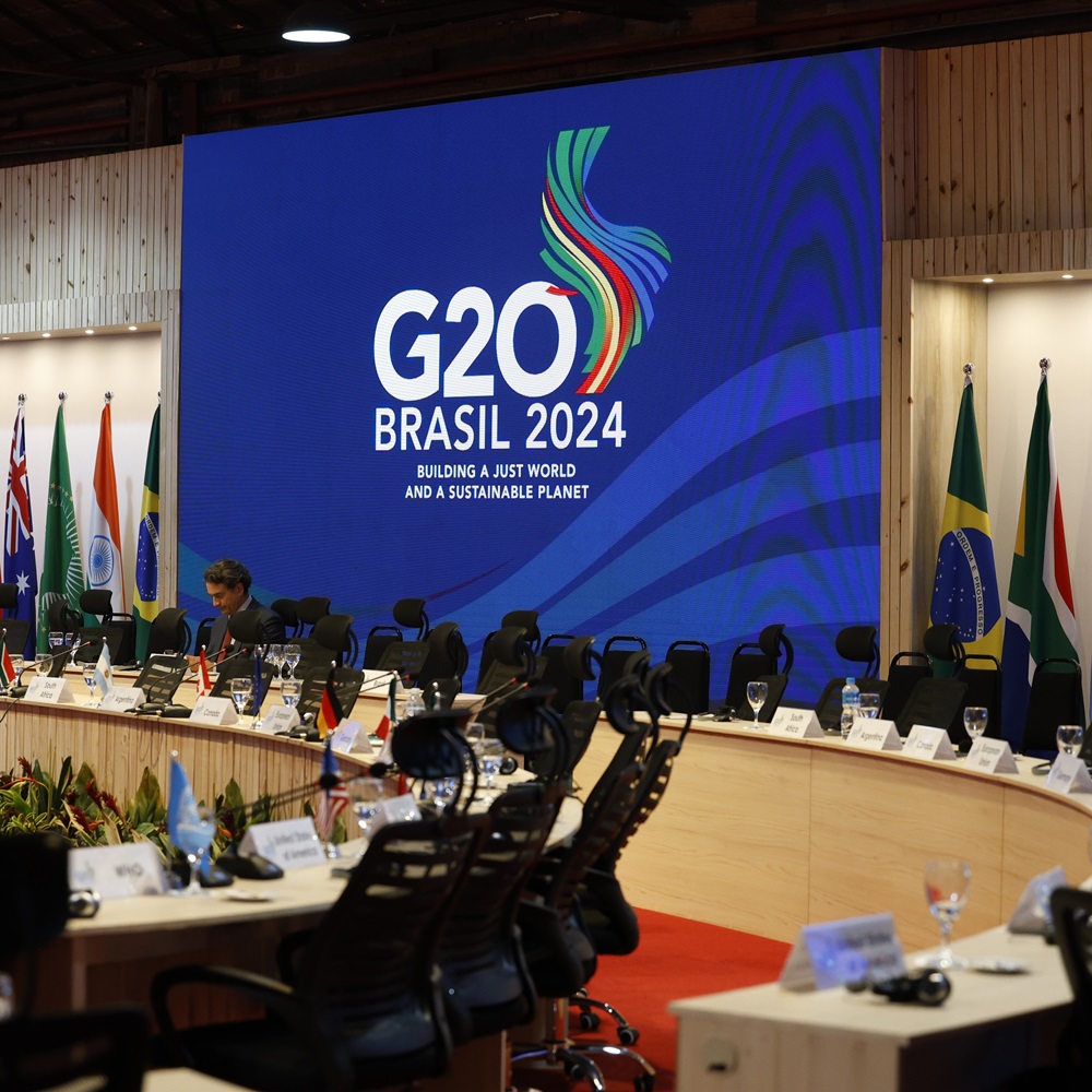 G20 Brazil 2024 Summit logo with country flags in the meeting room. Symbol of the Group of 20. Country leaders address issues related to the global economy - Rio de Janeiro, Brazil 07.23.2024